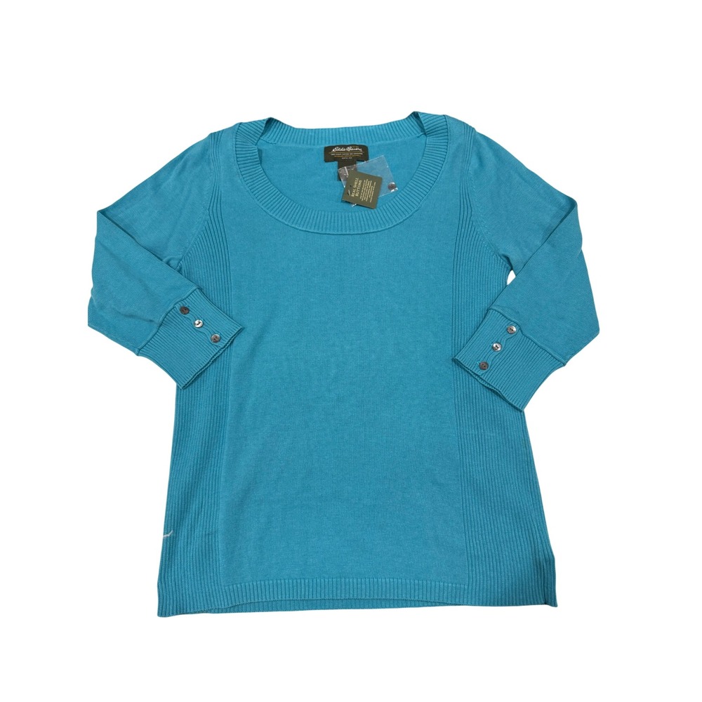 Eddie Bauer Teal Blue Cotton Knit Scoop Neck Sweater Shell Button Cuff Petite M